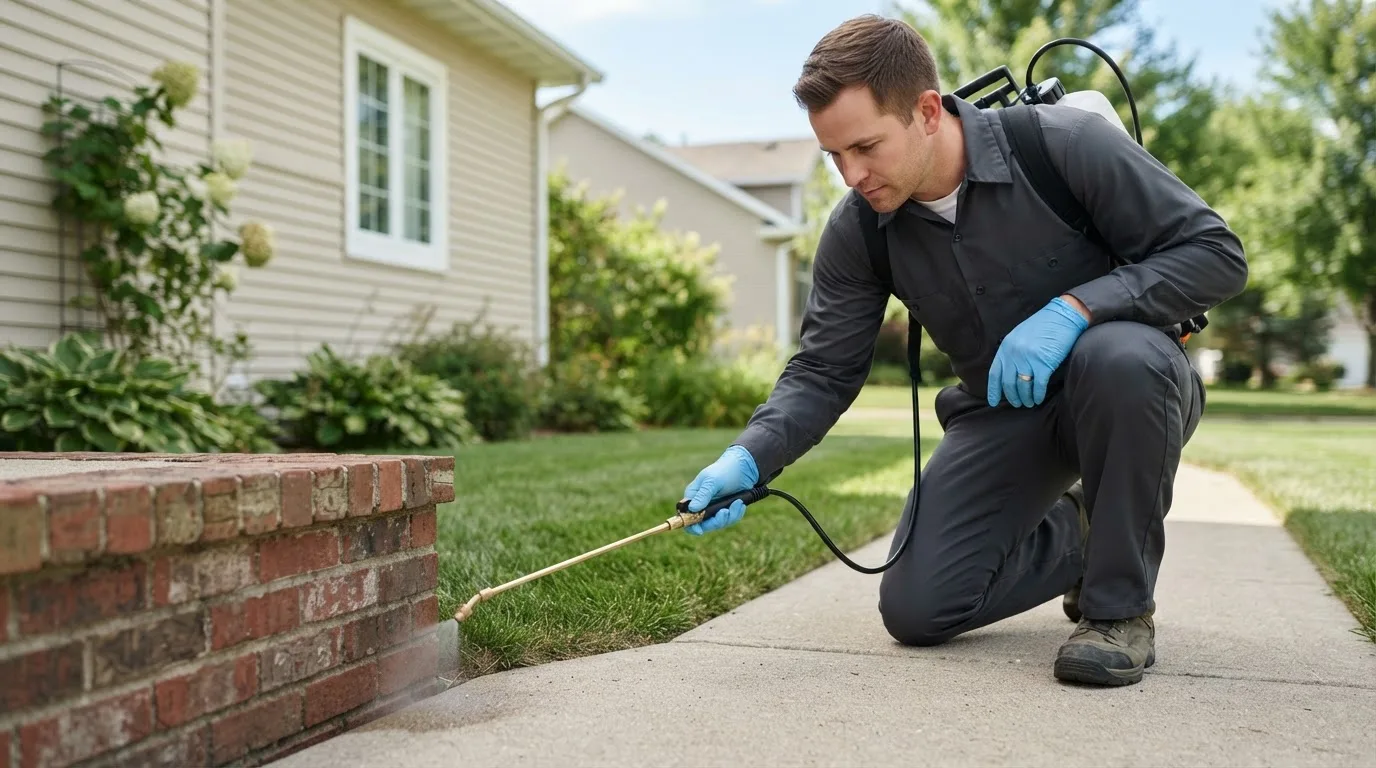 Pest control technician treating a home near Moundridge, KS