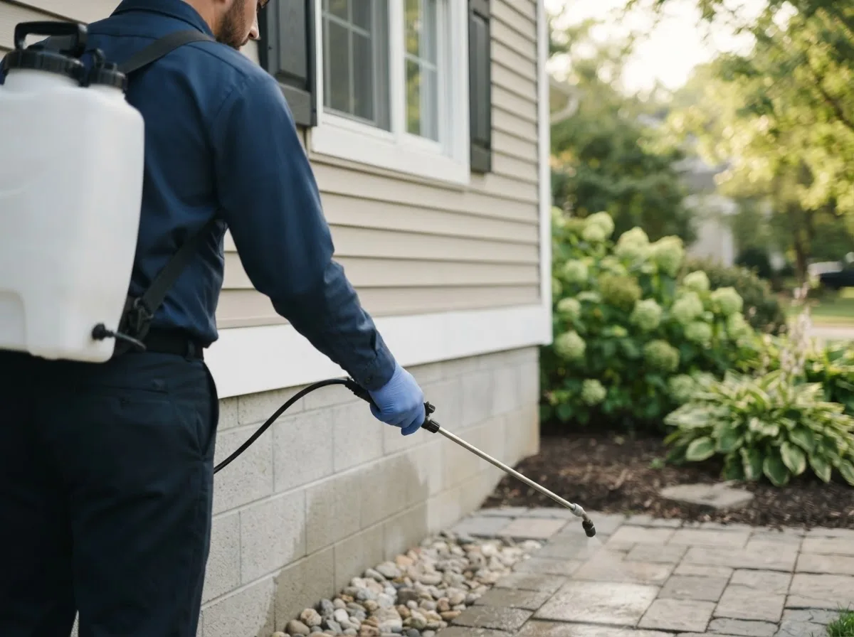 Pest control technician inspecting a home in Moundridge, KS